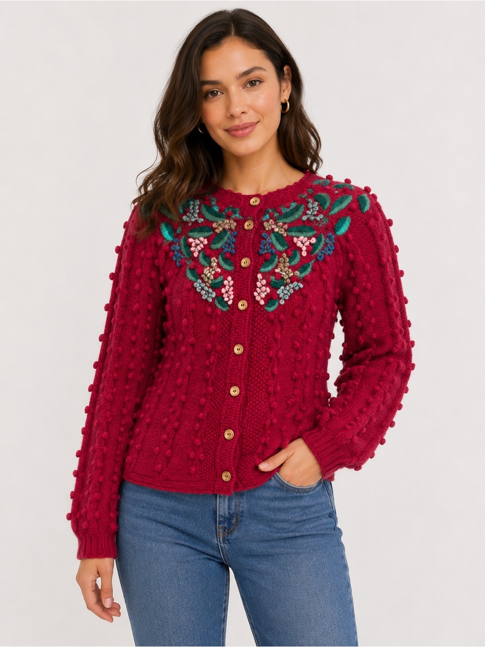 VINTAGE 100% wool Embroidered Berry Bobble Cardigan Sweater M